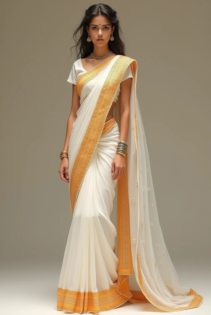 A beautiful woman in a white saree orange\ border pallu on head with white yellow dot saree style and a mole in her face standing full body displayed realistic
