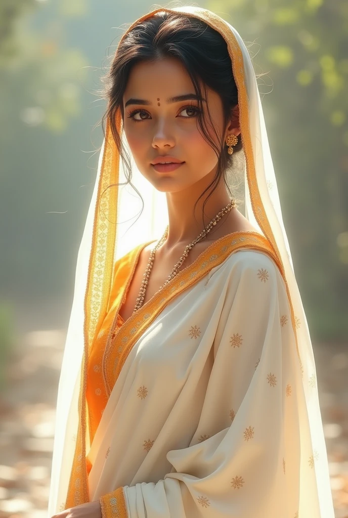 A beautiful woman in a white saree orange\ border pallu on head with white yellow dot saree style and a mole in her face standing full body displayed realistic 