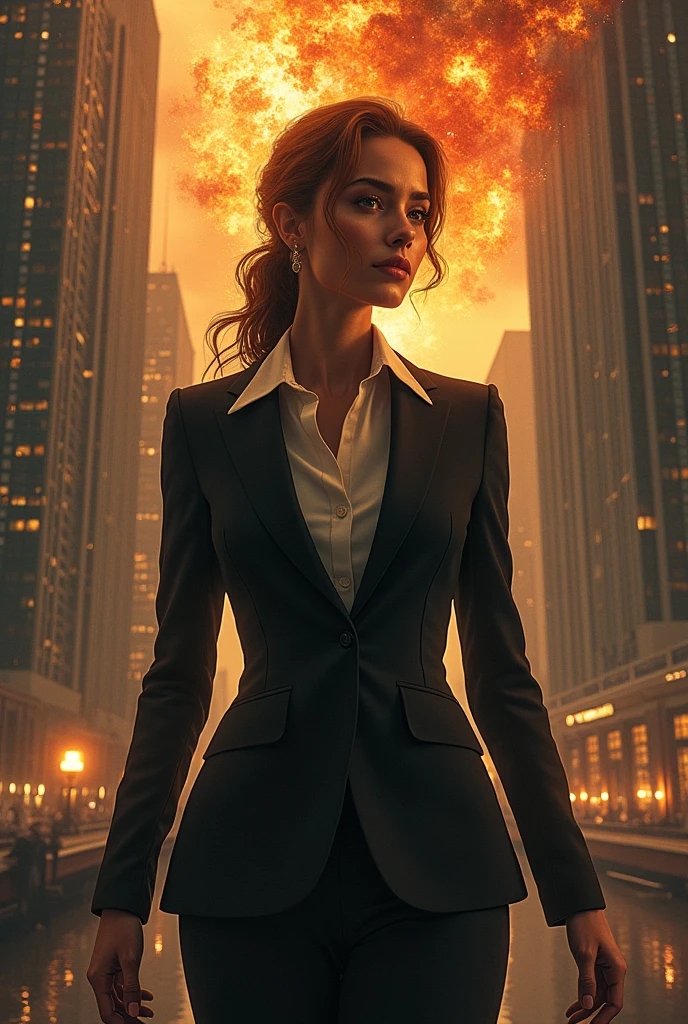 A stunning portrait of a successful, beautiful woman who hides a powerful beast within her. She is impeccably dressed in a corporate attire, with an air of confidence and authority. The beast, hidden beneath her composed exterior, is seen as a swirling, fiery entity, ready to be unleashed. The background is a blend of a modern cityscape and an otherworldly dimension, symbolizing her duality of power and grace.
