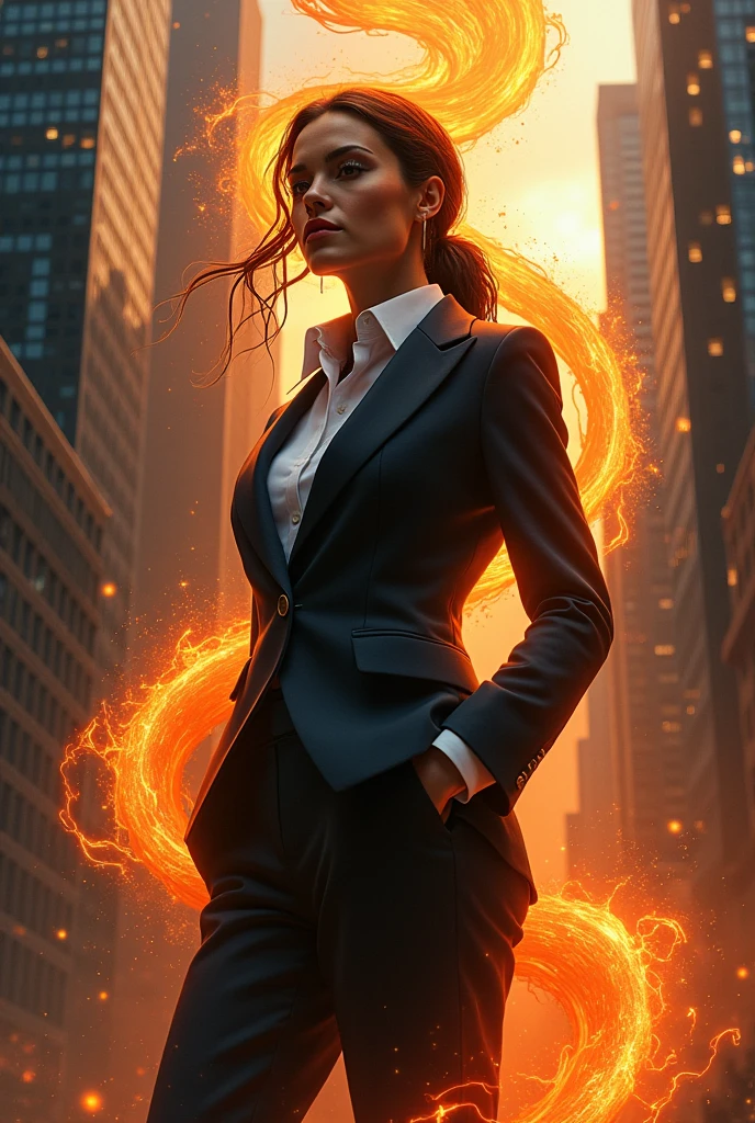 A stunning portrait of a successful, beautiful woman who hides a powerful beast within her. She is impeccably dressed in a corporate attire, with an air of confidence and authority. The beast, hidden beneath her composed exterior, is seen as a swirling, fiery entity, ready to be unleashed. The background is a blend of a modern cityscape and an otherworldly dimension, symbolizing her duality of power and grace.