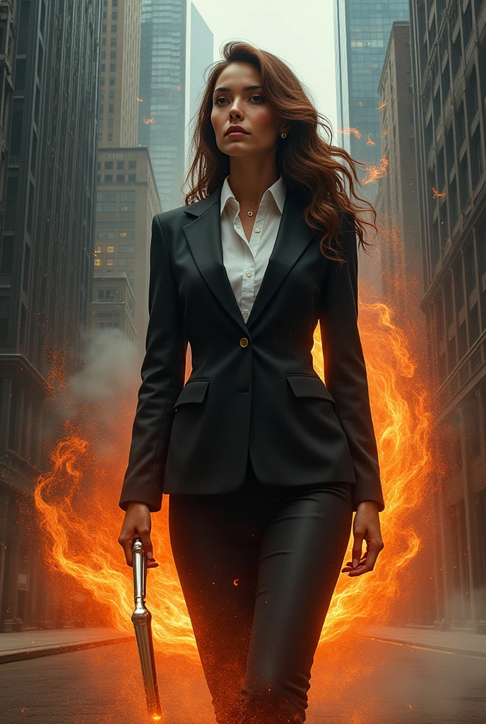 A stunning portrait of a successful, beautiful woman who hides a powerful beast within her. She is impeccably dressed in a corporate attire, with an air of confidence and authority. The beast, hidden beneath her composed exterior, is seen as a swirling, fiery entity, ready to be unleashed. The background is a blend of a modern cityscape and an otherworldly dimension, symbolizing her duality of power and grace.