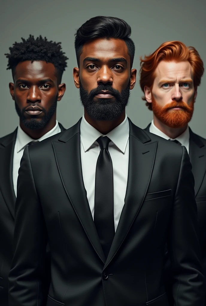 three men in suits. The man in the middle is dark-skinned with dark eyes., 1,96 tall and full beard. The one on the right is red-haired with green eyes., 1,91 tall, scruffy beard. The one on the left is dark-skinned with dark eyes and has similar features to the one in the middle.