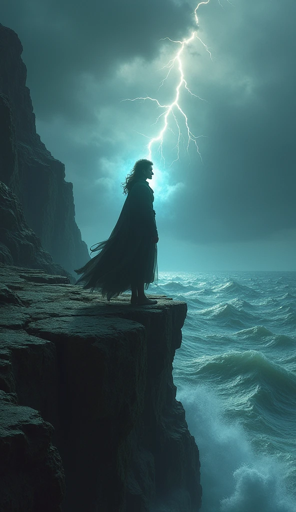 A person standing confidently at the edge of a cliff, with stormy weather and rough seas in the background, symbolizing challenges. However, the person radiates an inner light, representing hidden strength.