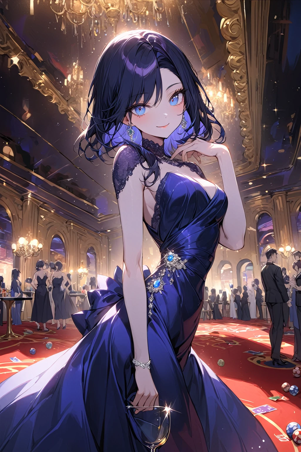 solo, female, sfw, pose, jewelry eyes, medium shot, extremely attractive, flawless porcelain skin, long lustrous dark blue hair, blue eyes, medium breasts, hourglass figure, bored, pose, luxurious, modest cocktail dress, ball room, mink wrap, smile, casino, champagne glass