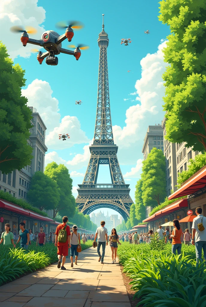 The streets of Paris filled with greenery, people harvesting crops from the Eiffel Tower, futuristic drones assisting in farming. realistic cartoon style