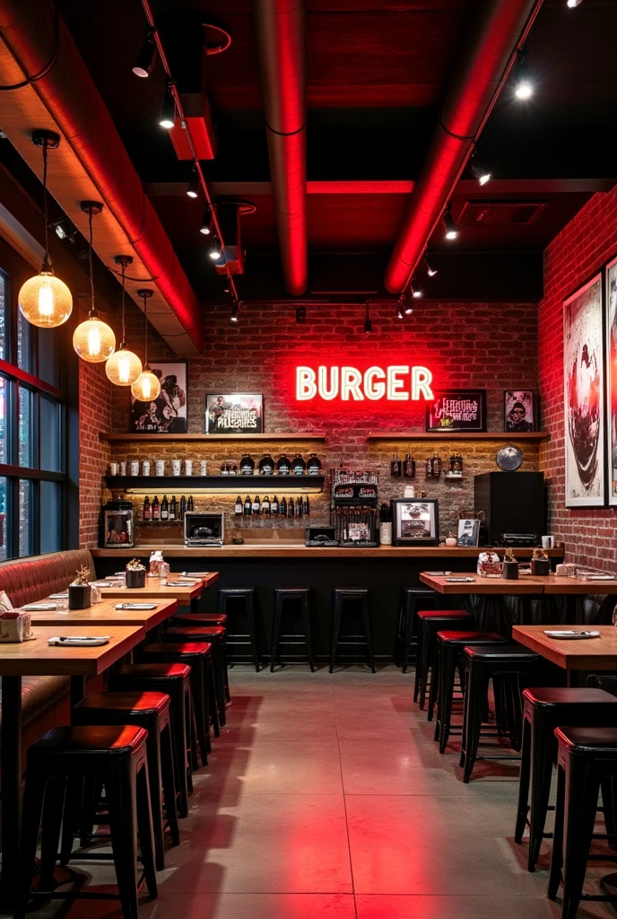 Burger joint with black and red decor with black predominance, consider that the decoration has references to black culture with RAP, basketballs, movies 