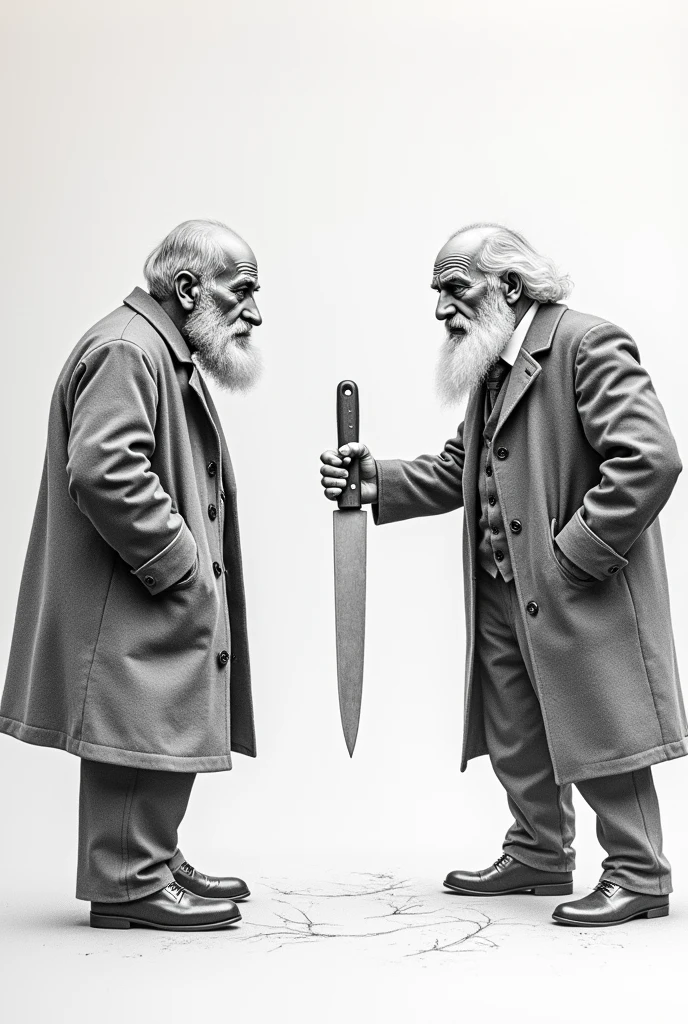Émile Durkheim vs Max Weber with beard drawn in pencil, showing their faces as if they were in a fight, knife as if it were a drawing on paper without real details