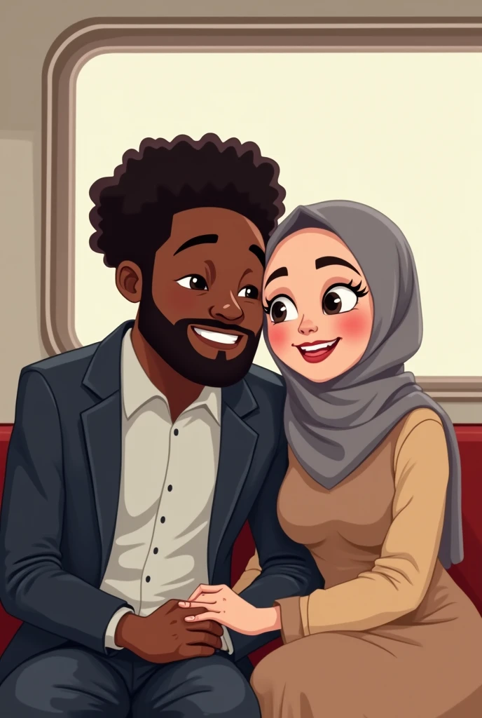 (hand drawing, outlining, flat style, vector art), 2d Drawing of a happy couple sitting next to each other in a train, funny looking black guy, curly black hair, happy fat guy with his gorgeous girlfriend, white girl, girl looking absolutely gorgeous, girl wearing grey hijab, beautiful girl, detailed eyes of girl, girls head on guys shoulder 