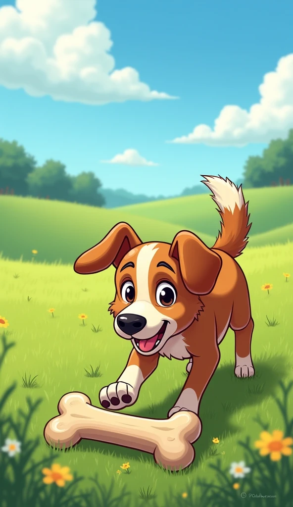 A dog in a green field, wagging his tail with excitement, finds a big, juicy bone lying on the ground.
Show a dog but should not be fat or child.
Show as cartoons