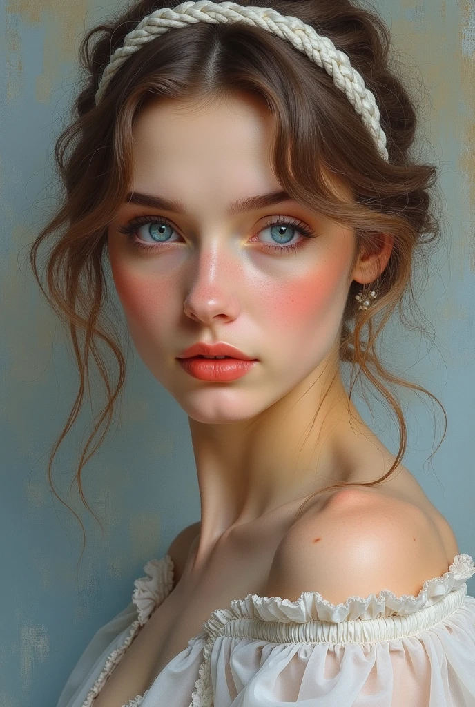 (8 K, Best quality, masterpiece: 1.2), (Best quality: 1.0), (ultra high resolution: 1.0), watercolor, beautiful woman, (shiny pupils,Blue pupils),shoulders, headband, Agnes Cecil, bust portrait, very bright design, pastel shades, Autumn fires, Moody Grey, severe style style Alexey Savlasov, Ivan Shishkin, Ilya Repin, (map retouching: 1.2), 2d, (oil painting: 1.2) very detailed