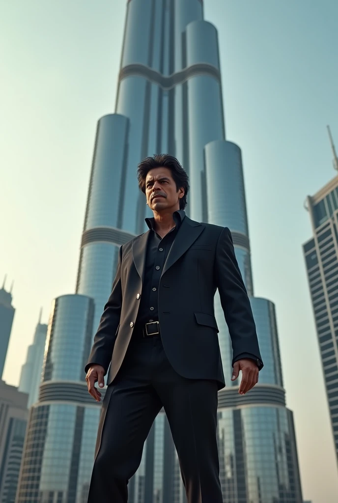 Shahrukh khan with signatire 
pose on top of burjkhalifa