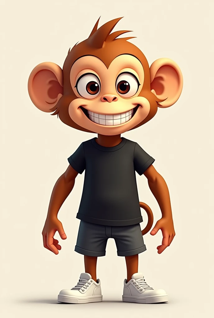 Create an animation style drawing of a monkey wearing a black shirt and black shorts and white sneakers