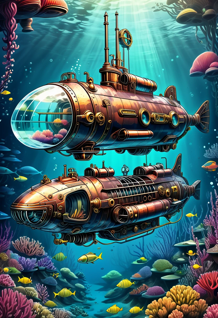 Steampunk submarine underwater submarine in deep sea futuristic surreal style