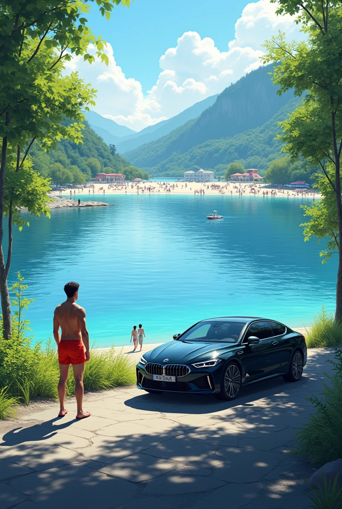 Black car stopped at the end of a paved road that ends in a large lake with water on all sides, panoramic view, lots of green and white sand beach with lots of people. Man in red underwear next to car.
