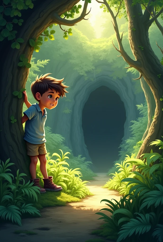 boy with a light blue shirt and shorts and boots behind a bush looking at a cave in the forest