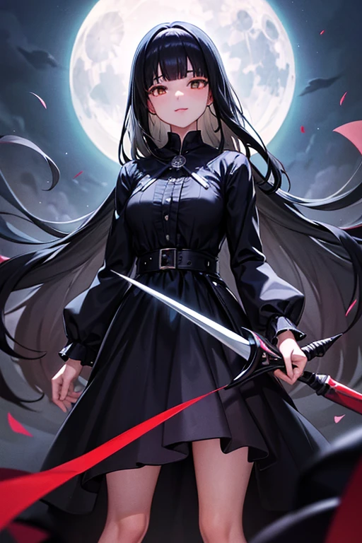 girl black hair hime cut smile black dress long skirt rapier madness castle night big moon blood splatter