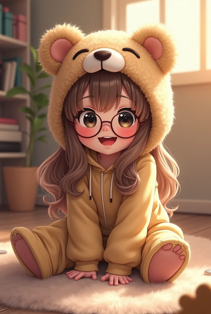 , babe, fly away, with rosy cheeks, long light brown hair,  eyes black, Grinning, sitting on the floor, with teddy bear cap and glasses
