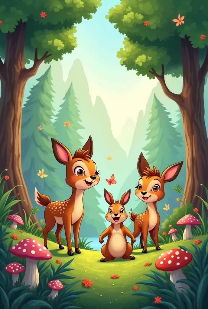 Animals are happy in the middle of the forest cartoon 
