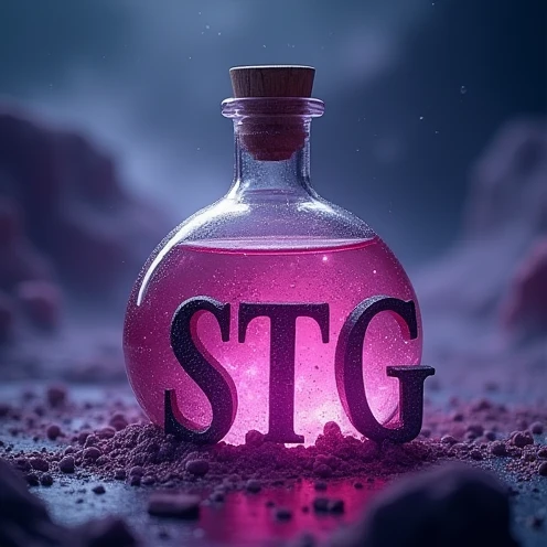 A potion with pink liquid, with universe background with purple and dark blue gradient, with 3 large letters in CAPSLOCK medieval font written Stg below the potion and also written above the potion Strength Through Grit with the same font as STG