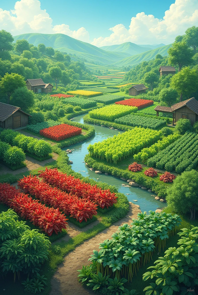 Red chili plantation, garlic plantation, basil plantation, pigsty plantation, cucumber plantation, canal plantation