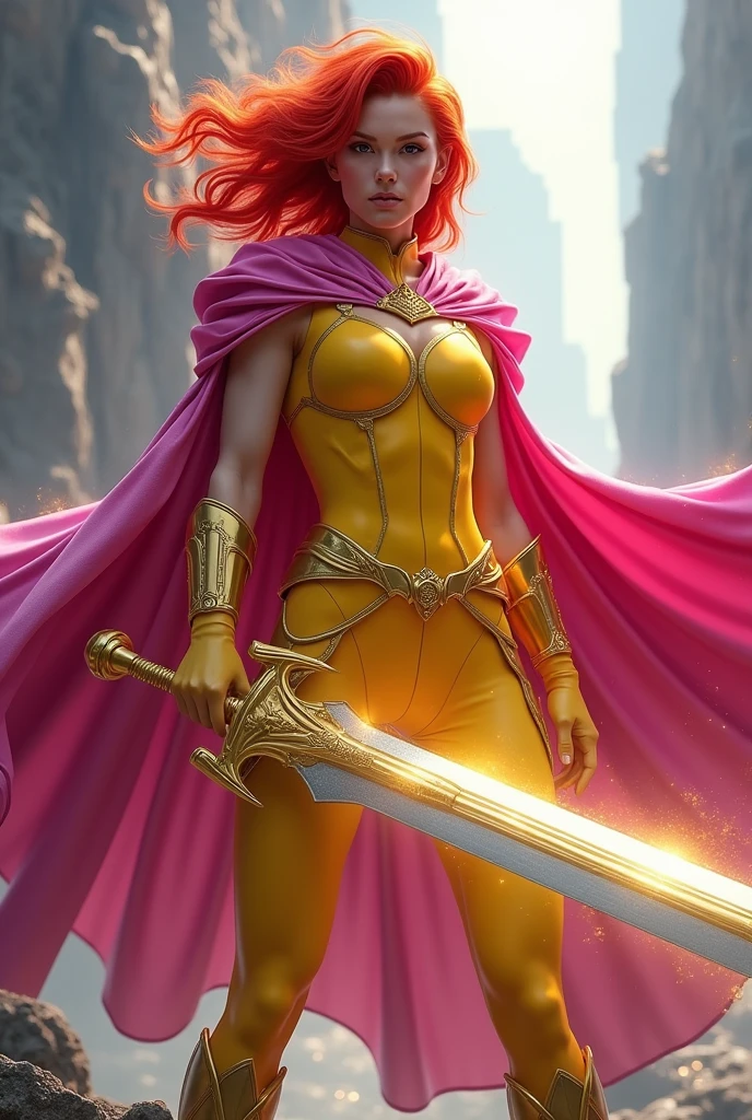 Create a superhero with a pink cape and yellow outfit with red hair and holding a shiny sword 