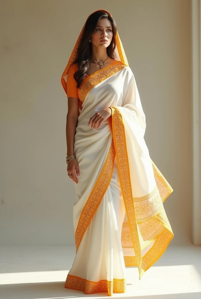 A beautiful woman in a white saree orange\ border pallu on head with white yellow dot saree style and a mole in her face standing full body displayed realistic 