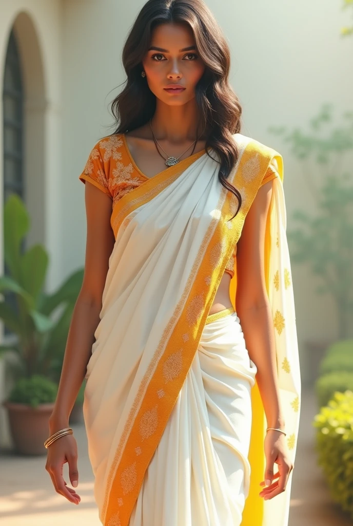 A beautiful woman in a white saree orange\ border pallu on head with white yellow dot saree style and a mole in her face standing full body displayed realistic