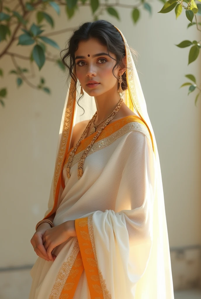 A beautiful woman in a white saree orange\ border pallu on head with white yellow dot saree style and a mole in her face standing full body displayed realistic 