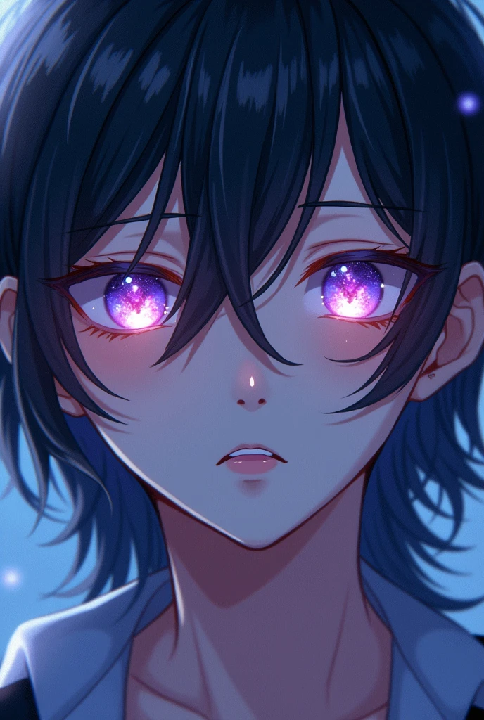 Anime art style, expressive features highlighted with large, emotive eyes, a man with dark hair reaching his shoulders, with galaxy-colored eyes