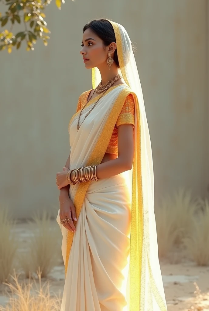 A beautiful woman in a white saree orange\ border pallu on head with white yellow dot saree style and a mole in her face standing full body displayed realistic 