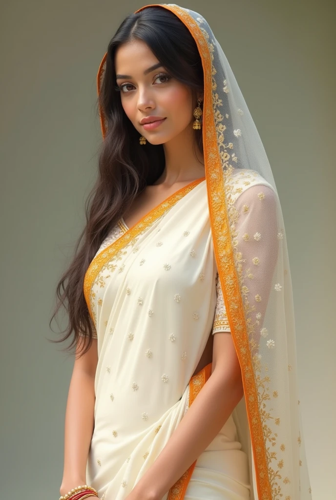 A beautiful woman in a white saree orange\ border pallu on head with white yellow dot saree style and a mole in her face standing full body displayed realistic