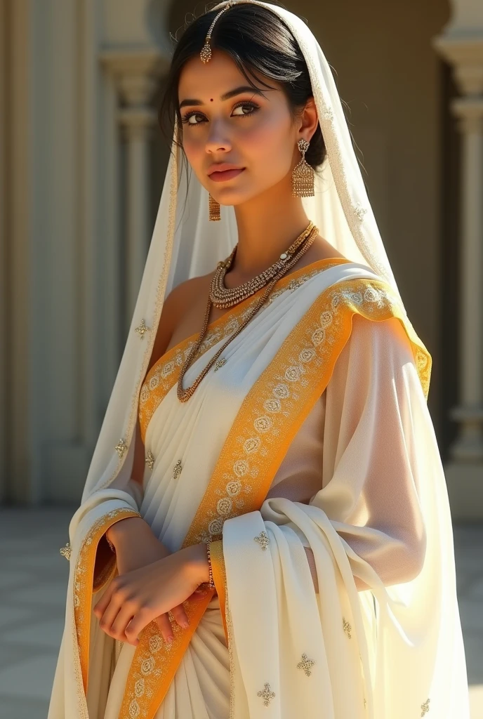 A beautiful woman in a white saree orange\ border pallu on head with white yellow dot saree style and a mole in her face standing full body displayed realistic 