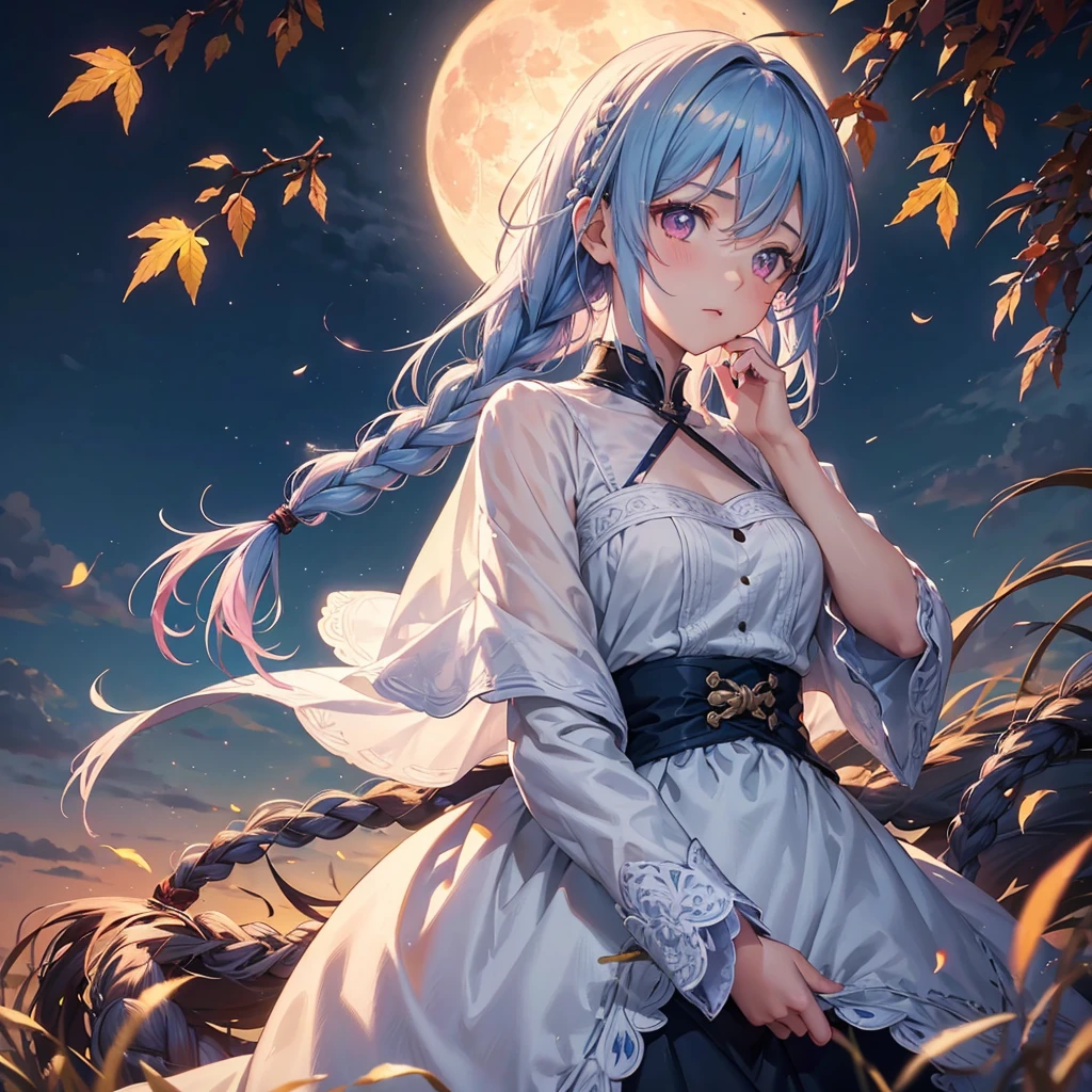 (Braiding hair),(Sky blue medium hair), (Pink eyes),(Fair skin)  ,(whole body),(One Girl),(harvest moon),(A large amount of Miscanthus sinensis in the background),autumn,(full moon),(masterpiece, Highest quality, Very detailed, Best Shadow), (Detailed Background), (Beautifully detailed face), High Contrast, (Best lighting, Very delicate and beautiful), ((Cinematic Light)), Hyper Detail,8k, Dramatic Light, Intricate details,Autumn leaf viewing,