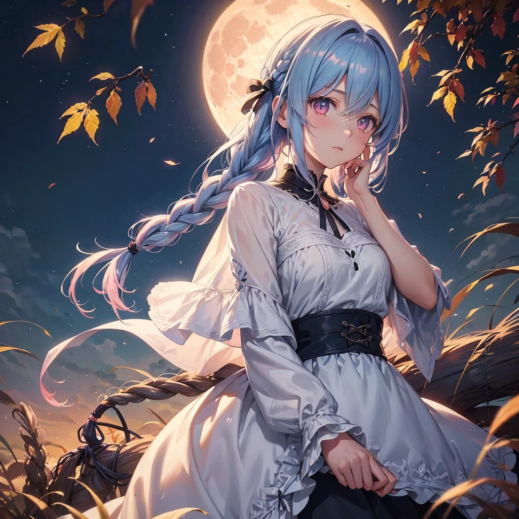 (Braiding hair),(Sky blue medium hair), (Pink eyes),(Fair skin) ,(whole body),(One Girl),(harvest moon),(A large amount of Miscanthus sinensis in the background),autumn,(full moon),(masterpiece, Highest quality, Very detailed, Best Shadow), (Detailed Background), (Beautifully detailed face), High Contrast, (Best lighting, Very delicate and beautiful), ((Cinematic Light)), Hyper Detail,8k, Dramatic Light, Intricate details,Autumn leaf viewing,