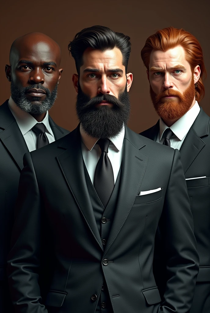 Three men in suits. The man in the middle is dark skinned with white skin and dark eyes., 1,96 tall and full beard. The one on the right is red-haired with green eyes., 1,91 tall, scruffy beard. The one on the left is dark-skinned with dark eyes and has similar features to the one in the middle.