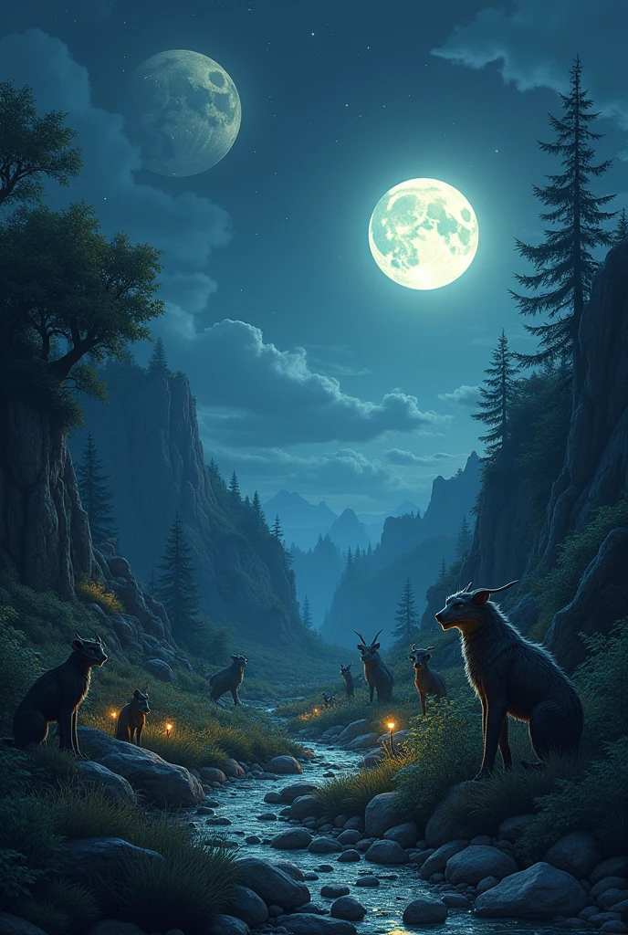 "Illustrate a landscape where the presence of two moons in the sky affects the day and night cycle. Show one moon illuminating the scene with a soft, twilight glow, while the other is in a shadowed phase, creating areas of deep darkness. The environment should include a mix of both dimly lit and darker areas, emphasizing the contrast. The scene should also depict a variety of animals and plants reacting to the unusual lighting—nocturnal creatures might be shown in unusual activity, and the landscape should have an eerie, almost otherworldly atmosphere. The sky should have stars visible, adding to the surreal effect of this altered world."