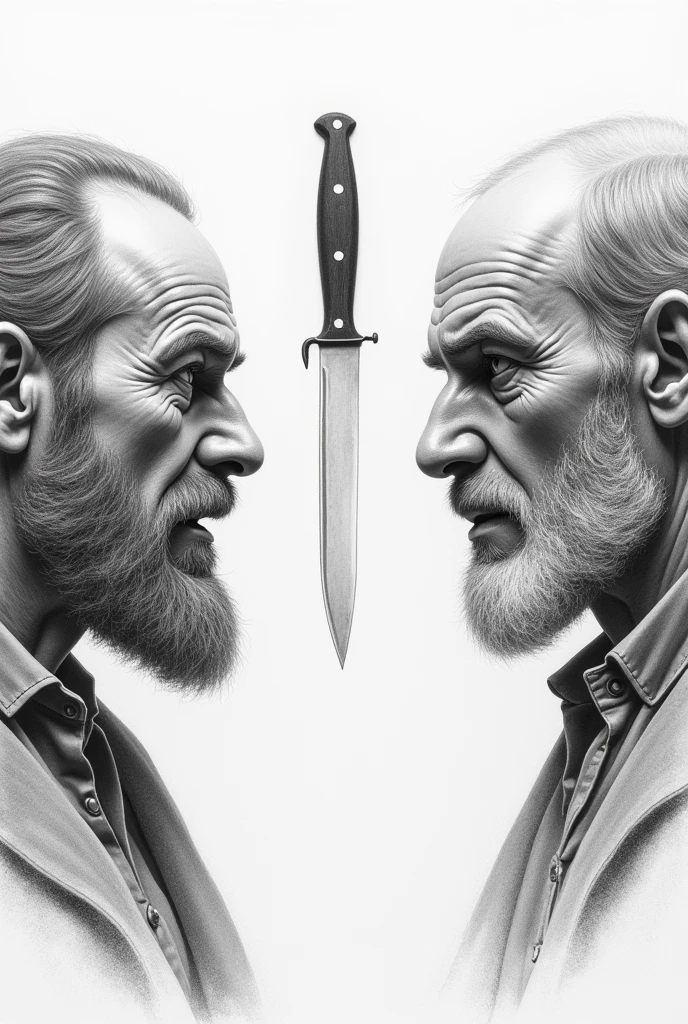 Émile Durkheim vs Max Weber with beard drawn in pencil, showing their faces as if they were in a fight, knife as if it were a drawing on paper without real details