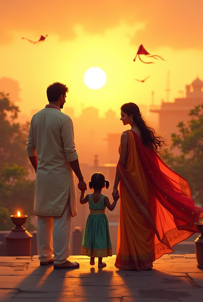 Visualize an Indian family standing together on the rooftop of their traditional home during a golden sunset. The wind gently rustles through their colorful attire, including sarees and kurta-pajamas, as they smile warmly at each other. The parents hold their children's hands, and the atmosphere is filled with a sense of love and unity. In the background, you can see the distant outlines of other rooftops with fluttering kites and the soft, warm light of diyas (small oil lamps) beginning to glow. The trees and nearby temple flag flutter gently in the wind, symbolizing the obedient and harmonious nature of the breeze that caresses the family. The entire scene embodies the warmth and togetherness of an Indian family, deeply connected with their culture and surroundings.