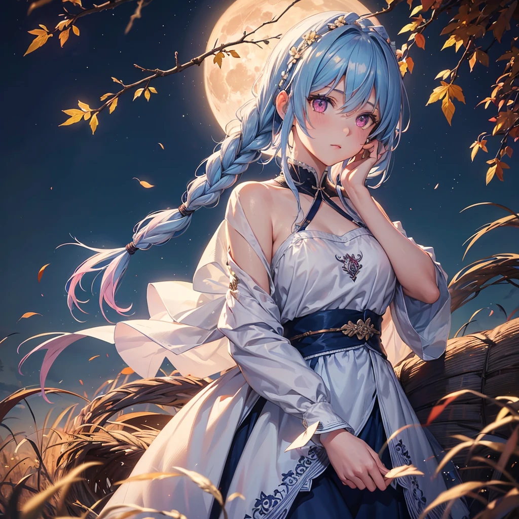 (Braiding hair),(Sky blue medium hair), (Pink eyes),(Fair skin) ,(whole body),(One Girl),(harvest moon),(A large amount of Miscanthus sinensis in the background),autumn,(full moon),(masterpiece, Highest quality, Very detailed, Best Shadow), (Detailed Background), (Beautifully detailed face), High Contrast, (Best lighting, Very delicate and beautiful), ((Cinematic Light)), Hyper Detail,8k, Dramatic Light, Intricate details,Autumn leaf viewing,