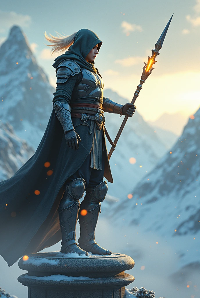 (masterpiece, best quality, beauty, best ratio, best shadows,best Illustration, wallpaper size,1080×2400 pixels) 
Uhd, korean beauty like tae yon, kungfu taichi pose, full posture fully visible, shining blue eyes, windblown short blonde  hair, wear black titanium full  armory with swallow emblem, assain creed hoody, hand holding a spear emits gold energy, standing on top chess piece pillar. Morning sky full snow and top snowing mountain seen on far away. use the RenderMan renderer.digital art. High definition, high contrast,high color saturation,128k,cinematic lighting, intricate,cinematic advertising photograph,cinema lens,high res.