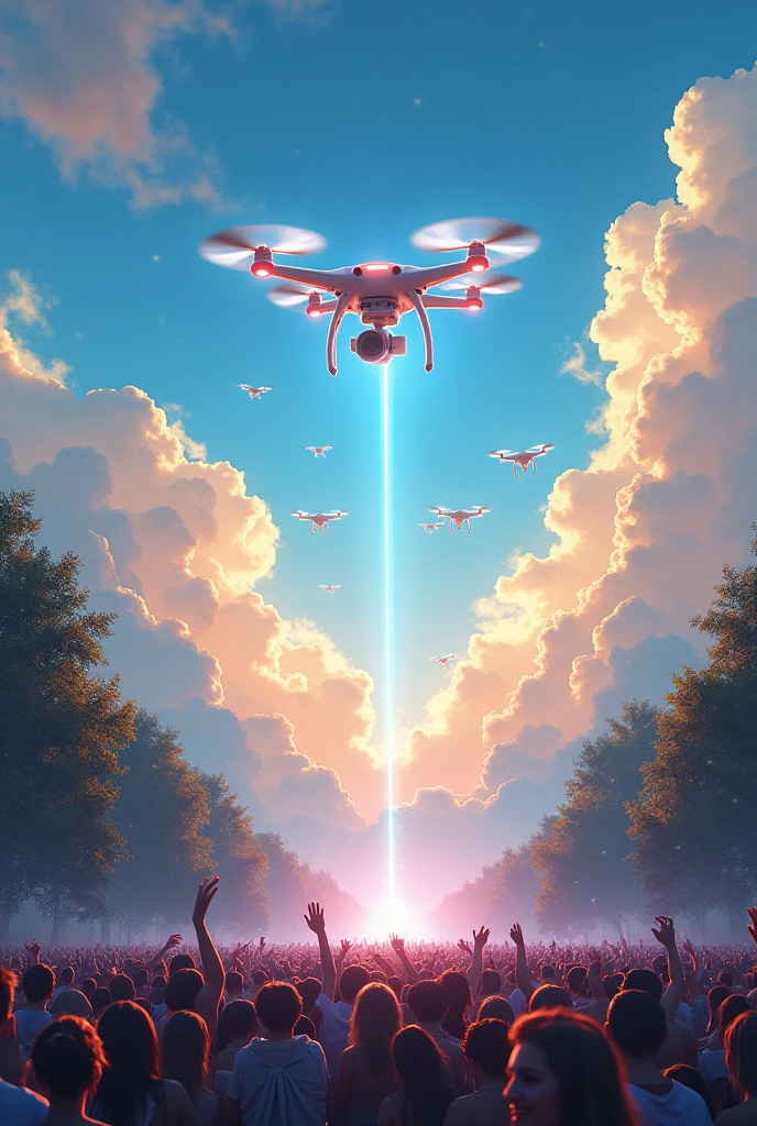 Create a cover for my Tech House set, create a heaven at an electronic party with lots of people, where drones are writing “neltran” in the sky 