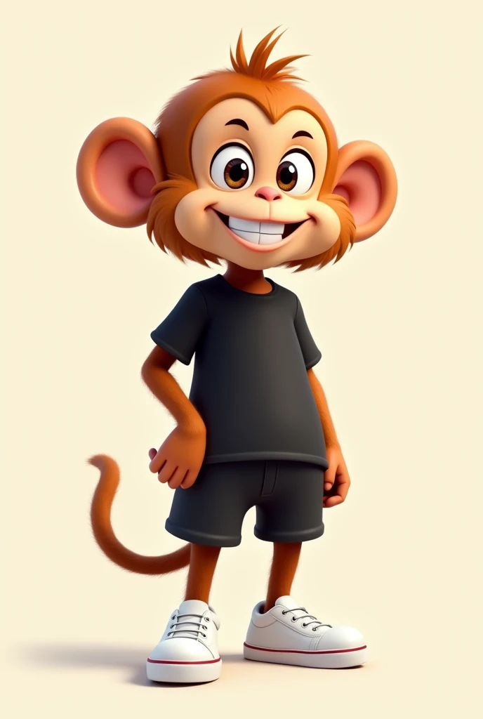 Create an animation style drawing of a monkey wearing a black shirt and black shorts and white sneakers
