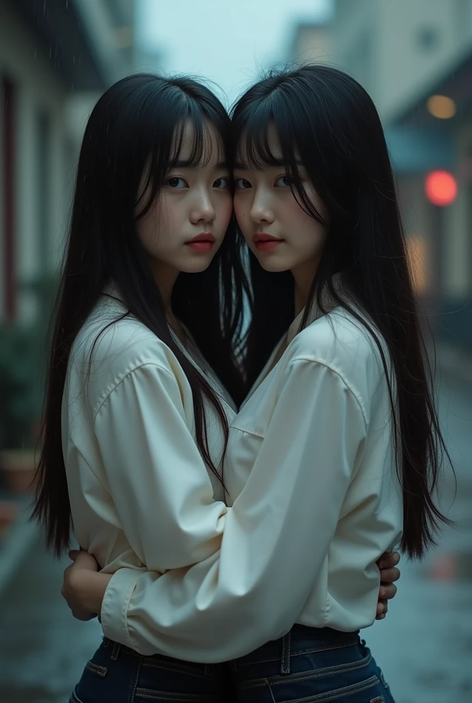 Identical twin sisters hugging each other、Waist-length hair 30yo korean woman at a rainy road city, (Waist-length hair:1.8), I&#39;m looking for a viewer wearing a white open-neck shirt.. barefoot. Wet Skin. Realistic Skin Style, Detailed skin pores. Black and dark、Very long、Messy and、Stylish slicked back hair, Poreless skin and natural makeup, Long, black hair、Casually、But stylishly. Dim background, Gloomy rainy day, Vignette, ドラマチックな自然なatmosphereの照明, Cinema Lighting, Powerful backlight and rim light, 奥行き感とatmosphereを醸し出す, Add texture with bokeh highlights and film grain. Color Scheme: muted, A desaturated color palette with deep shadows and warm highlights, evoking a sense of nostalgia and melancholy. atmosphere: 謎と陰謀のatmosphere, With signs of tension and anticipation. action: Woman caught in mid-motion, Her body was contorted in graceful yet powerful ballet poses., Her muscles tensed、The expression was intense. object: Some props, Worn-out ballet barres and discarded pointe shoes, Increases the sense of authenticity and history.