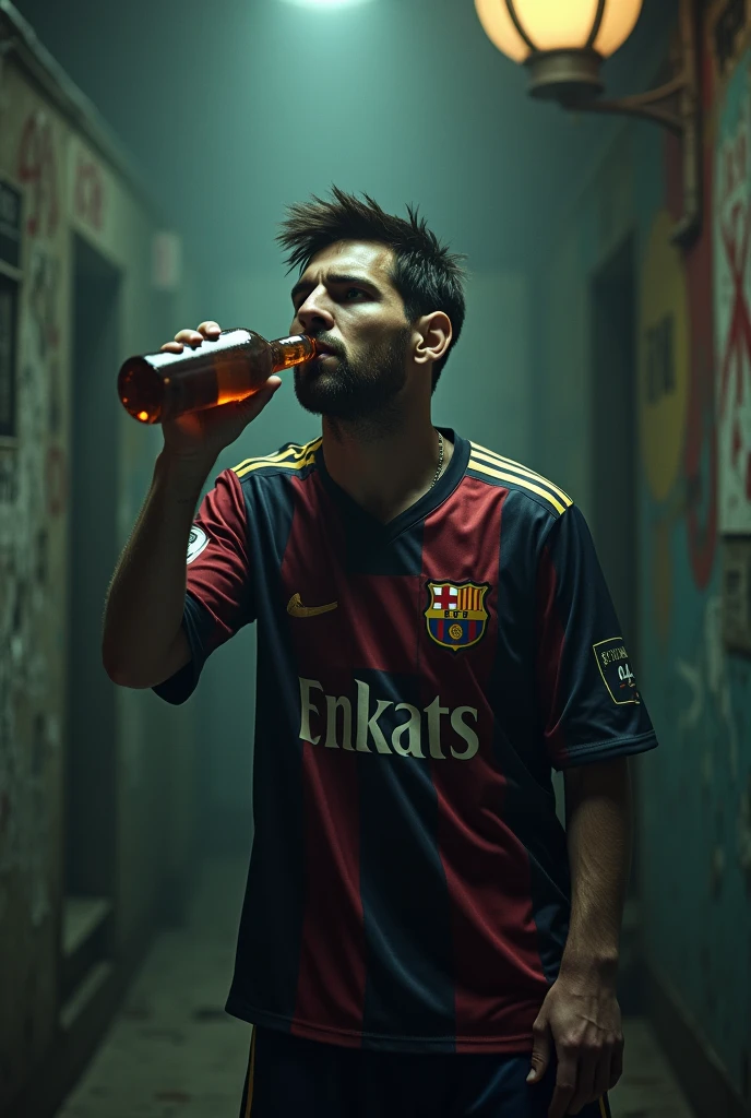 Messi is drinking alcohol by a bottle like a gangster