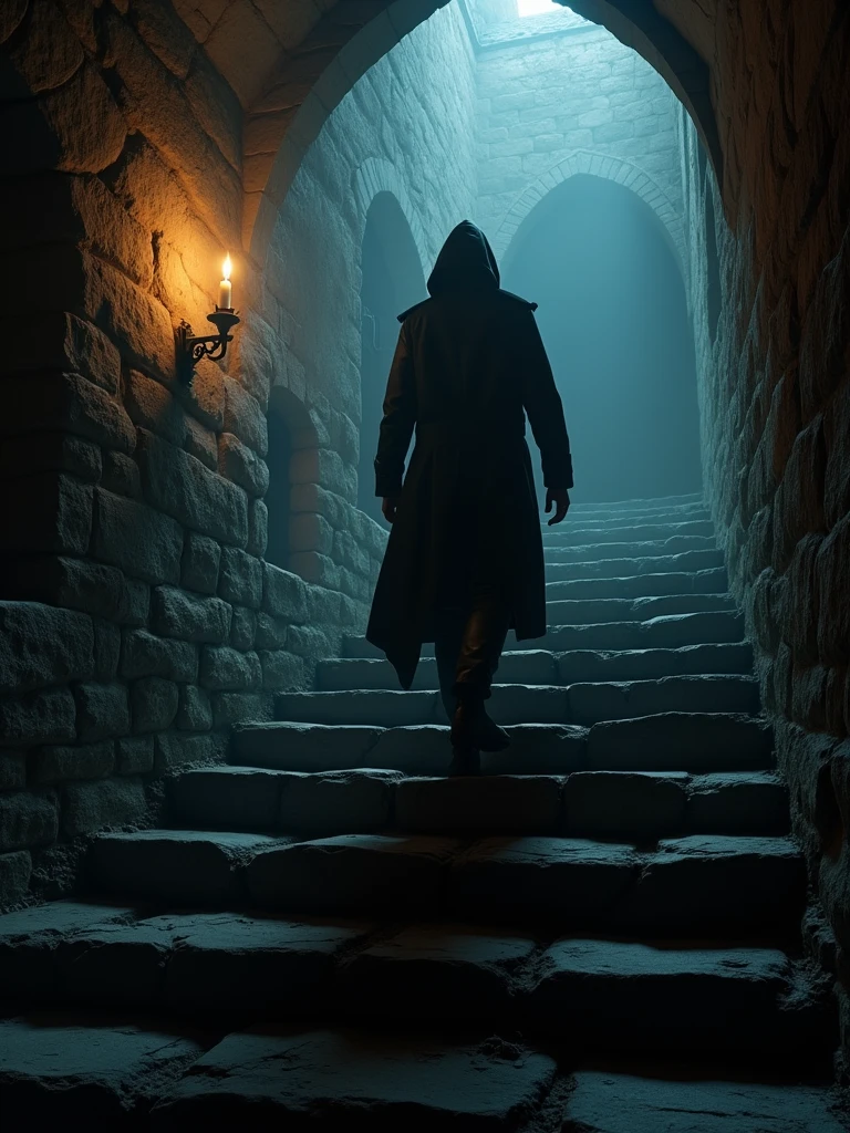 (masterpiece:1.2), (best quality:1.2), 8k, HDR, ultra detailed, ((photorealistic)), professional light, cinematic lighting, fashion photography, ambient lighting, background, a dark medieval dungeon, Darkness, epiCPhoto, stairs, hacker.