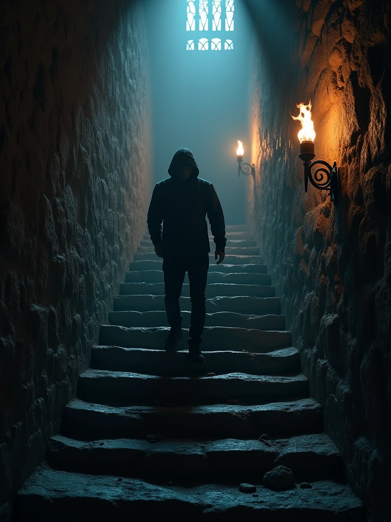 (masterpiece:1.2), (best quality:1.2), 8k, HDR, ultra detailed, ((photorealistic)), professional light, cinematic lighting, fashion photography, ambient lighting, background, a dark medieval dungeon, Darkness, epiCPhoto, stairs, hacker.
