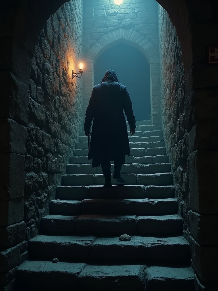 (masterpiece:1.2), (best quality:1.2), 8k, HDR, ultra detailed, ((photorealistic)), professional light, cinematic lighting, fashion photography, ambient lighting, background, a dark medieval dungeon, Darkness, epiCPhoto, stairs, hacker.