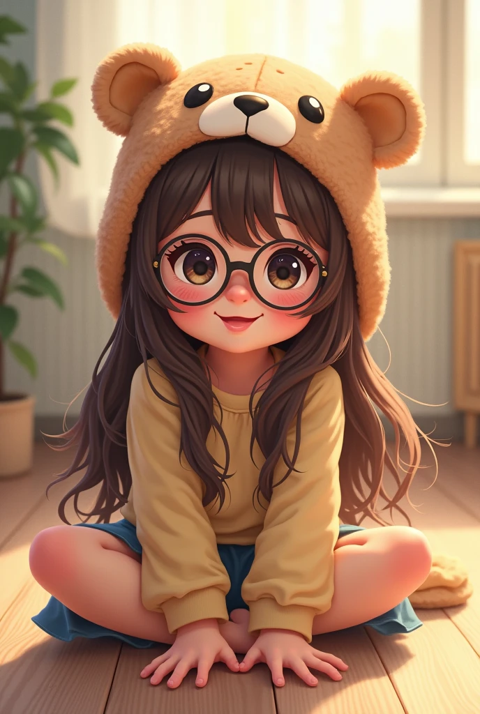 , babe, fly away, with rosy cheeks, long brown hair,  eyes black, Grinning, sitting on the floor, with teddy bear cap and glasses