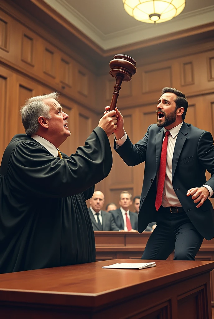 A funny meme that showing a judge in court and a man are fighting over the gavel because the man wants to strike it on the gavel stand to ensure that the poor person seeking justice is given justice and freedom, rather than allowing those who use money to escape their crimes.