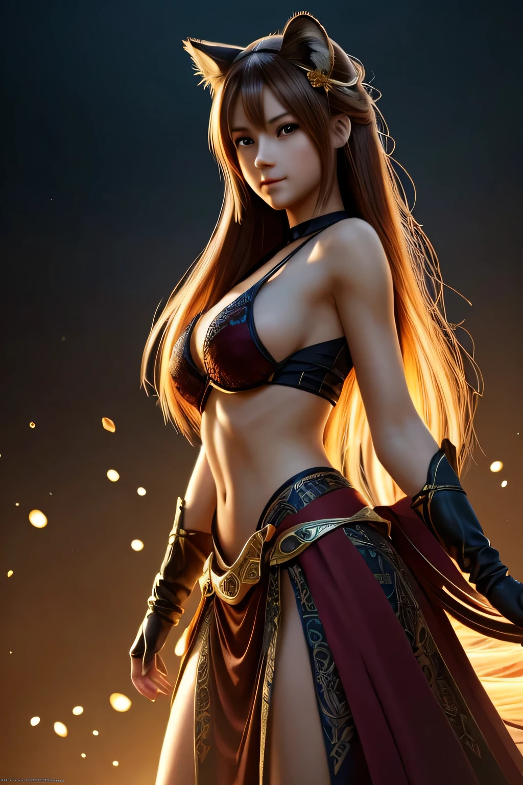 Best quality, 8K, HDR, soft lighting, picture perfect, realistic, vibrant, fox girl with brown hair, kitsune, beautiful female kitsune, digital anime illustration, beautiful illustration, beautiful digital artwork, exquisite digital illustration, realistic digital anime art, realistic anime style digital art, ultra high quality fantasy art, final fantasy, masterpiece, ultra high quality female character design, wallpaper illustrations of the highest quality, complex ultra high quality accurate faces of female characters, high quality design and accurate physics, ultra high quality fantasy style, dark fantasy Style, masterpieces, super high quality characters, anime resolution - 8K, realistic anime art, highest quality wallpaper illustration, ultra-high facial detail, quality design and physics accuracy, by color, depth of field, shadows, ray tracing, high quality and 8K resolution computer wallpaper production, accurate simulation of the interaction of light and materials, Highly detailed hair, More about beautiful and shiny brown hair, Beautifully detailed hands perfect fingers, Beautiful nails, perfect anatomy, perfect proportions, Full-length, Perfect color combination, Accurate imitation of the interaction of light and material, art that conveys the meaning of the story, full body picture.